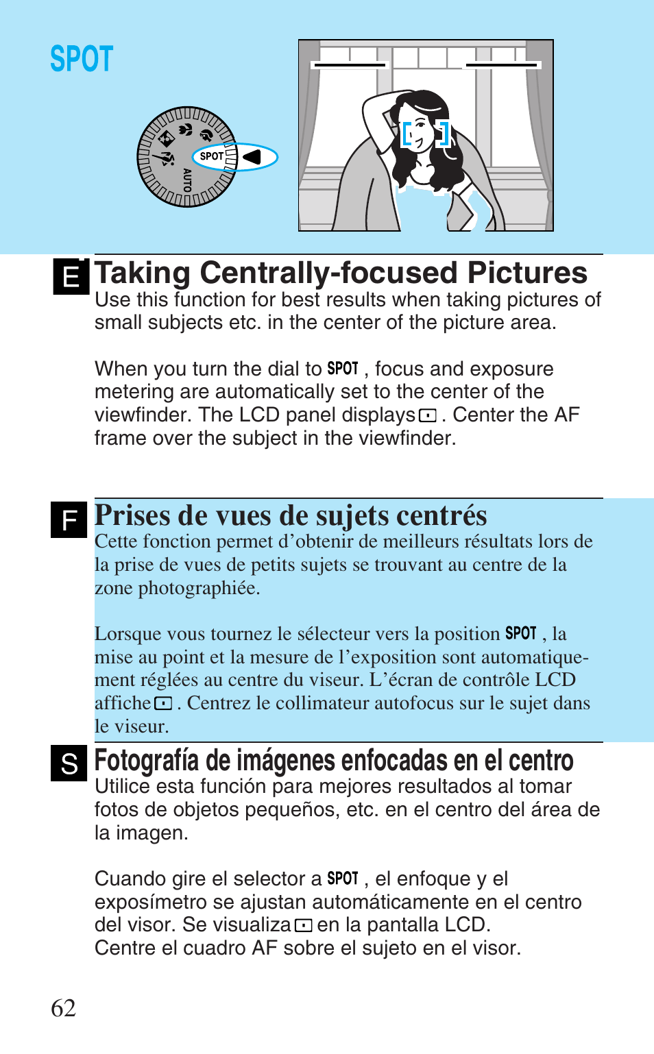 Taking centrally-focused pictures, Prises de vues de sujets centrés, Fotografìa de im·genes enfocadas en el centro | Portrait mode, Mode portrait, Modo de retrato, Fotografía de imágenes enfocadas en el centro | Canon Prima Super 28N -Set User Manual | Page 62 / 95