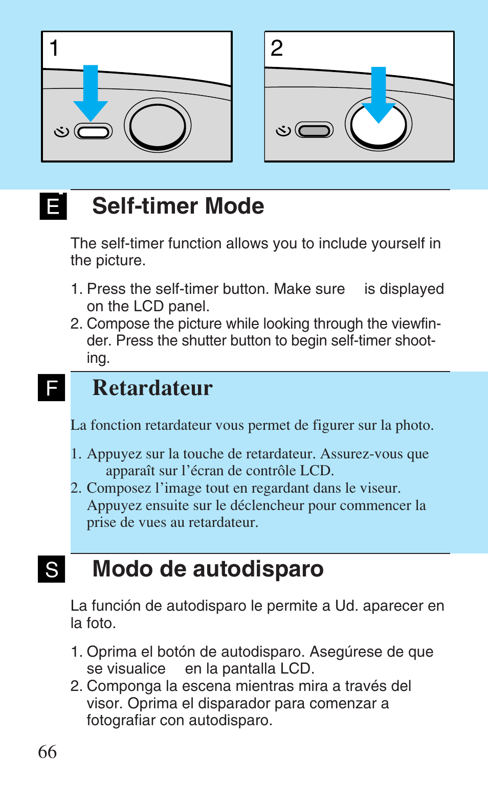 Self-timer mode, Retardateur, Modo de autodisparo | Canon Prima Super 28N -Set User Manual | Page 66 / 95