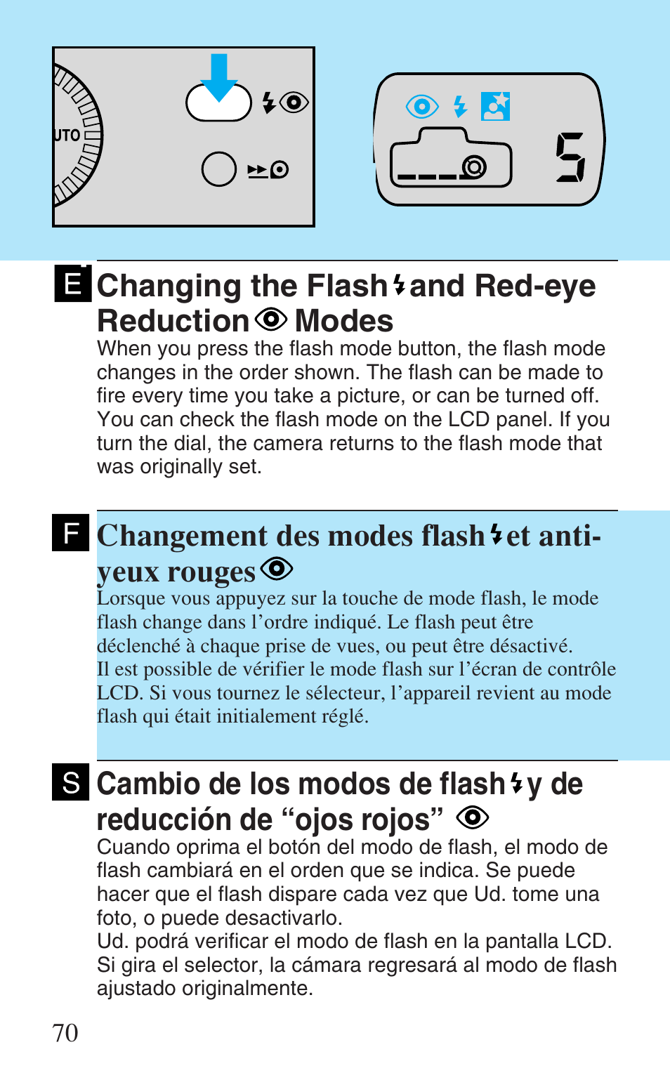 Changing the flash and red-eye reduction modes, Changement des modes flash et anti-yeux rouges, Changement des modes flash et anti-yeux | Rouges, Cambio de los modos de flash y de reducción de, Ojos rojos, Changement des modes flash et anti- yeux rouges | Canon Prima Super 28N -Set User Manual | Page 70 / 95