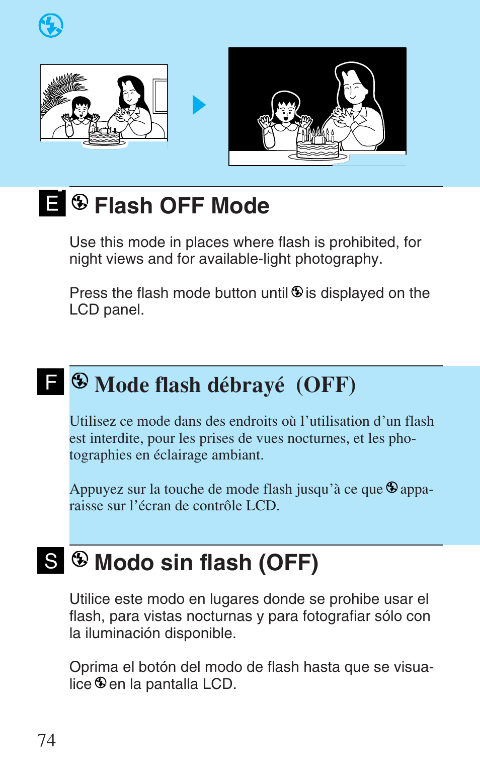 Flash off mode, Mode flash débrayé (off), Modo sin flash (off) | Canon Prima Super 28N -Set User Manual | Page 74 / 95