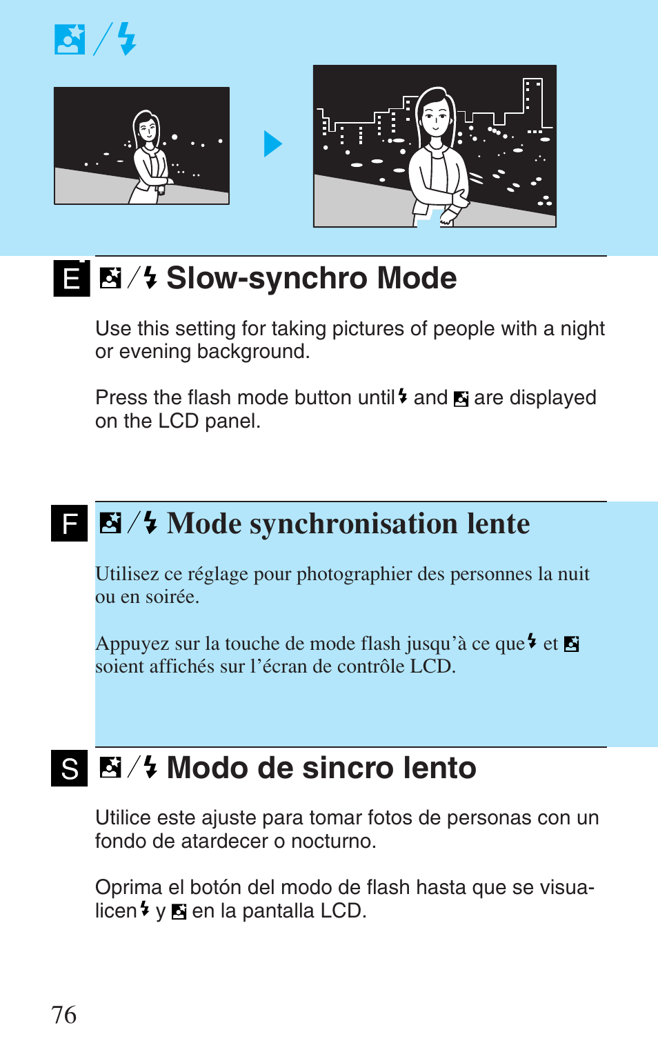 Slow-synchro mode, Mode synchronisation lente, Modo de sincro lento | Canon Prima Super 28N -Set User Manual | Page 76 / 95