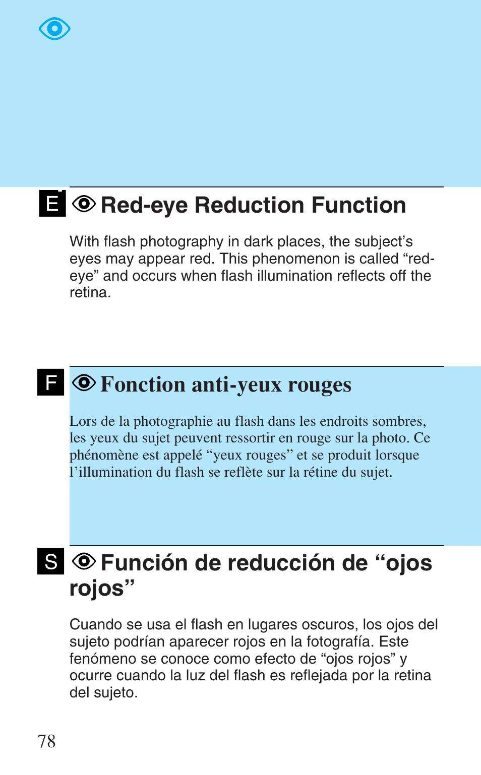 Red-eye reduction function, Fonction anti-yeux rouges, Función de reducción de “ojos rojos | Canon Prima Super 28N -Set User Manual | Page 78 / 95