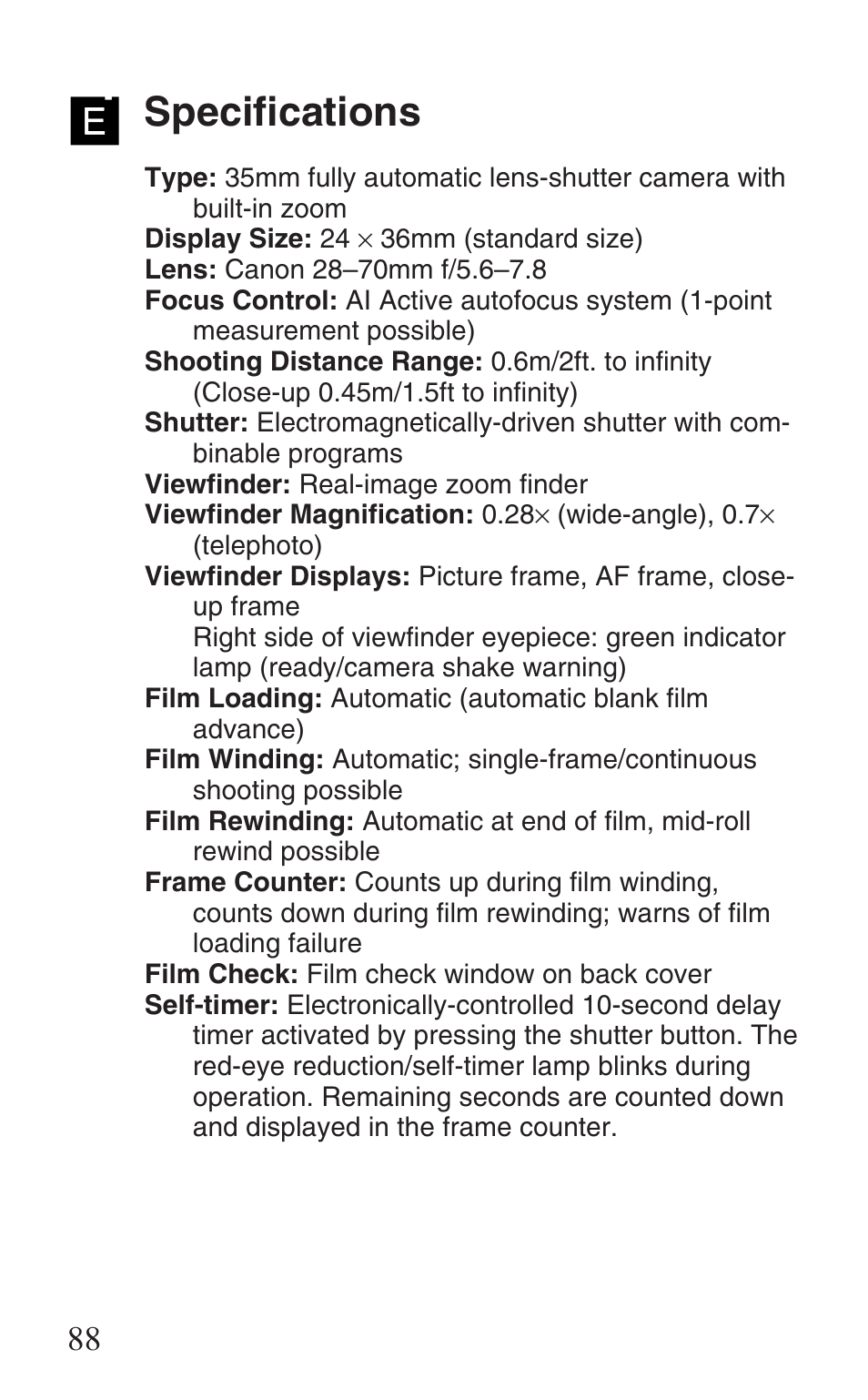 Specifications | Canon Prima Super 28N -Set User Manual | Page 88 / 95