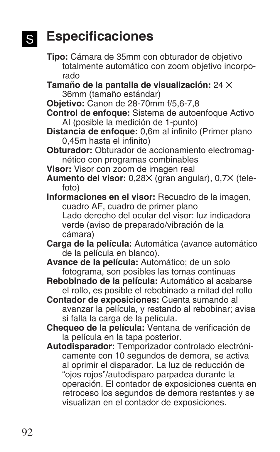 Especificaciones | Canon Prima Super 28N -Set User Manual | Page 92 / 95