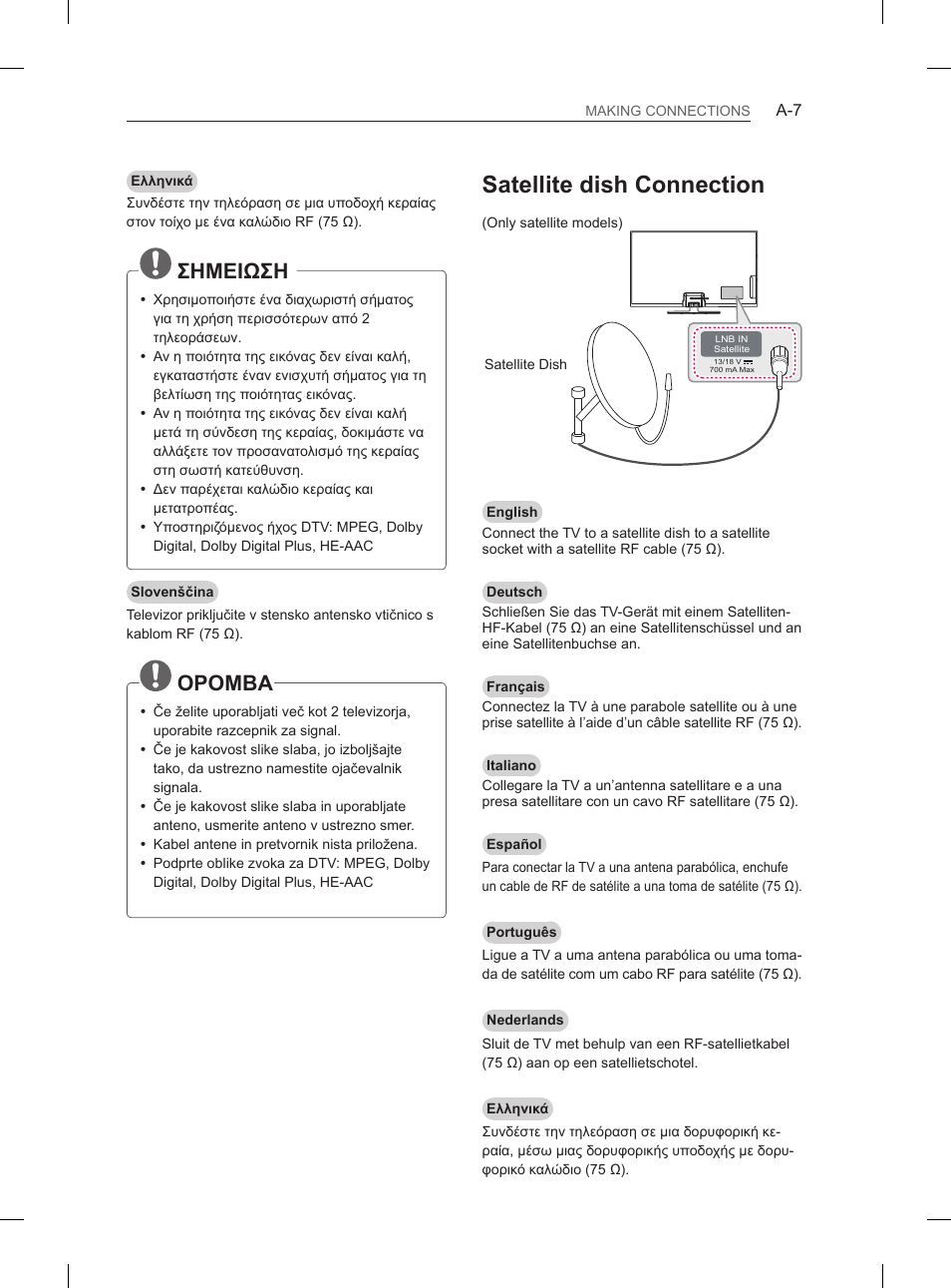Satellite dish connection, Σημειωση, Opomba | LG 60PH660S User Manual | Page 10 / 279