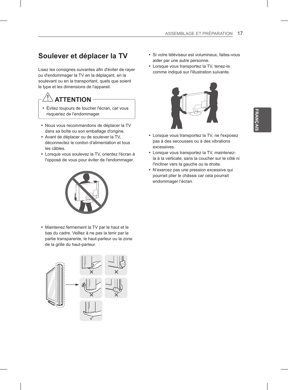 Soulever et déplacer la tv, Attention | LG 60PH660S User Manual | Page 104 / 279