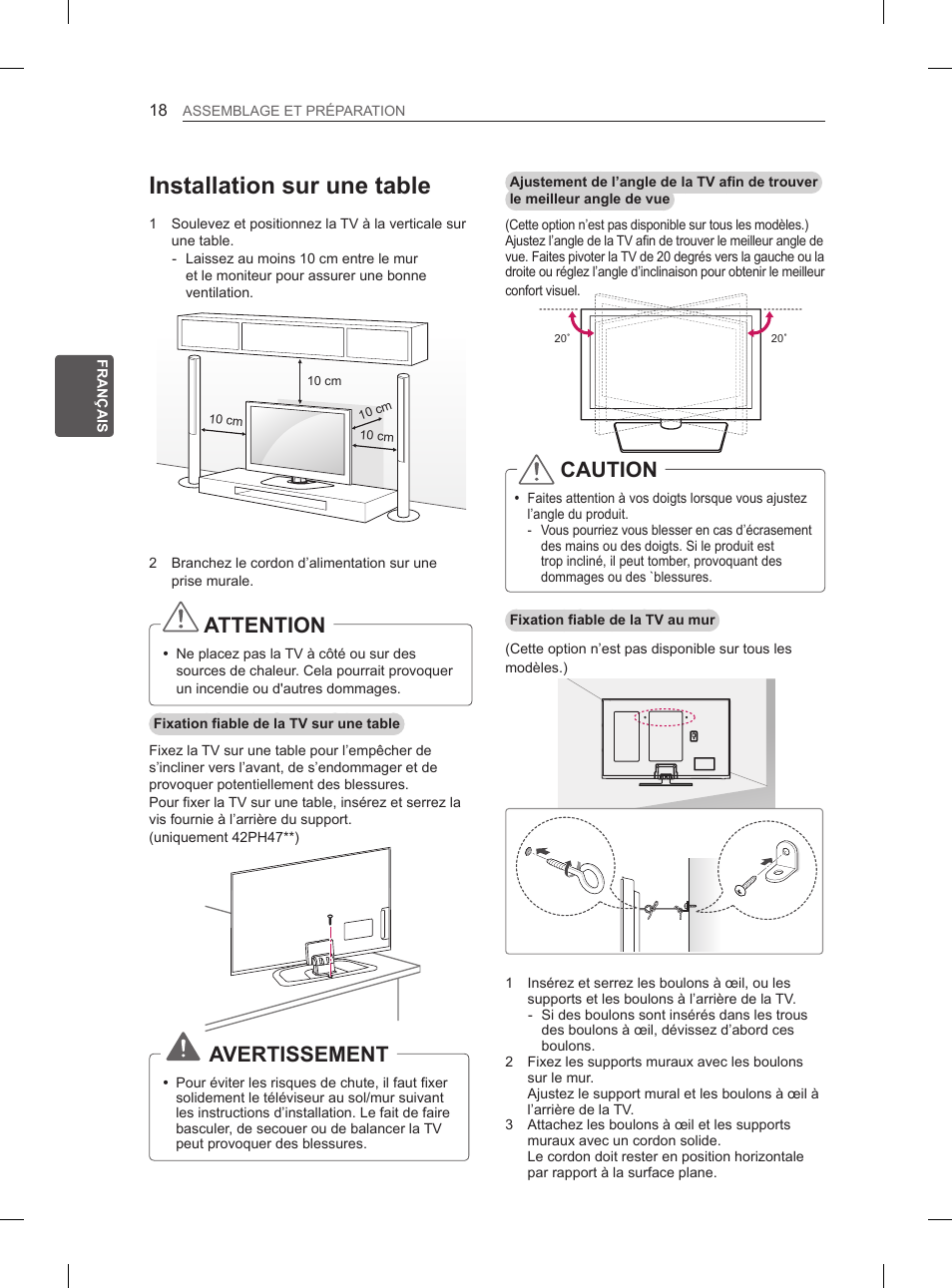 Installation sur une table, Avertissement, Caution | Attention | LG 60PH660S User Manual | Page 105 / 279