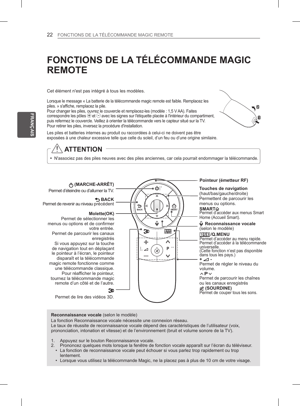 Fonctions de la télécommande magic remote, Attention | LG 60PH660S User Manual | Page 109 / 279