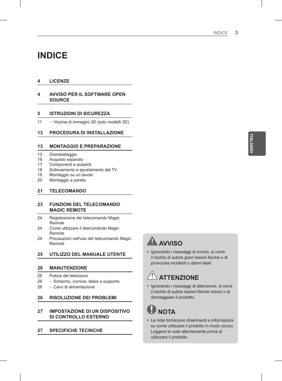 Indice, Avviso, Attenzione | Nota | LG 60PH660S User Manual | Page 116 / 279