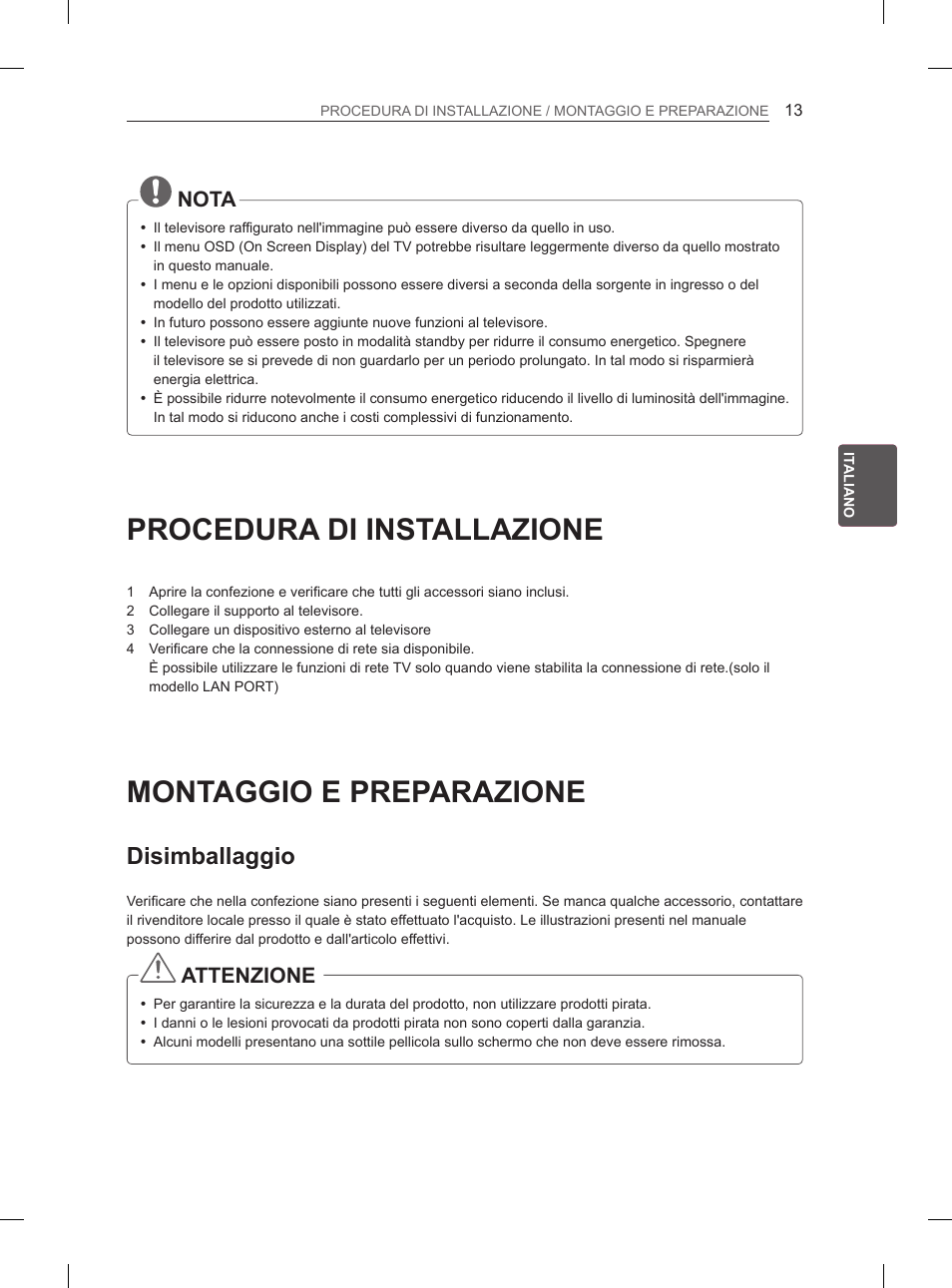 Procedura di installazione, Montaggio e preparazione, Disimballaggio | Nota, Attenzione | LG 60PH660S User Manual | Page 126 / 279