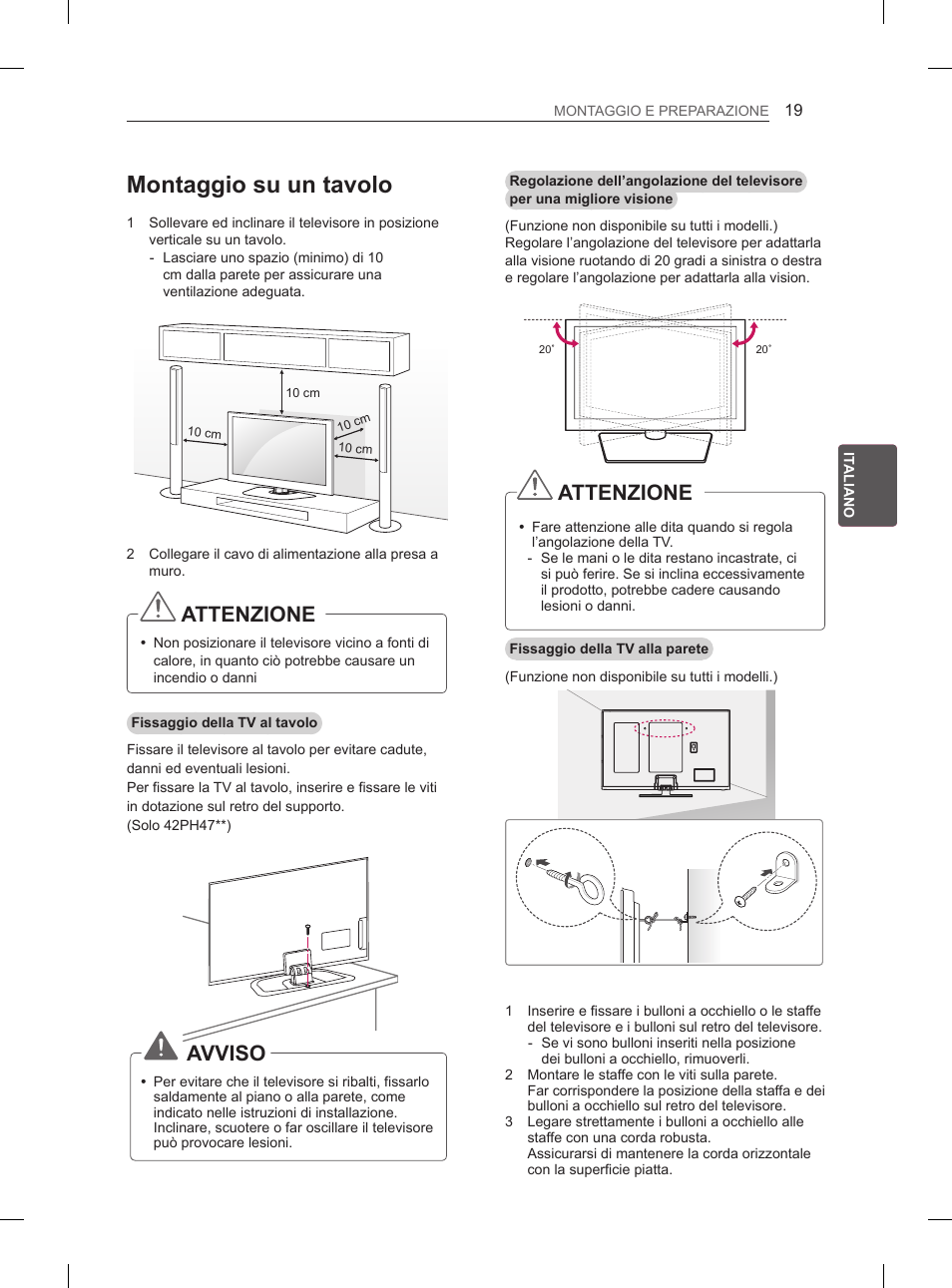 Montaggio su un tavolo, Attenzione, Avviso | LG 60PH660S User Manual | Page 132 / 279
