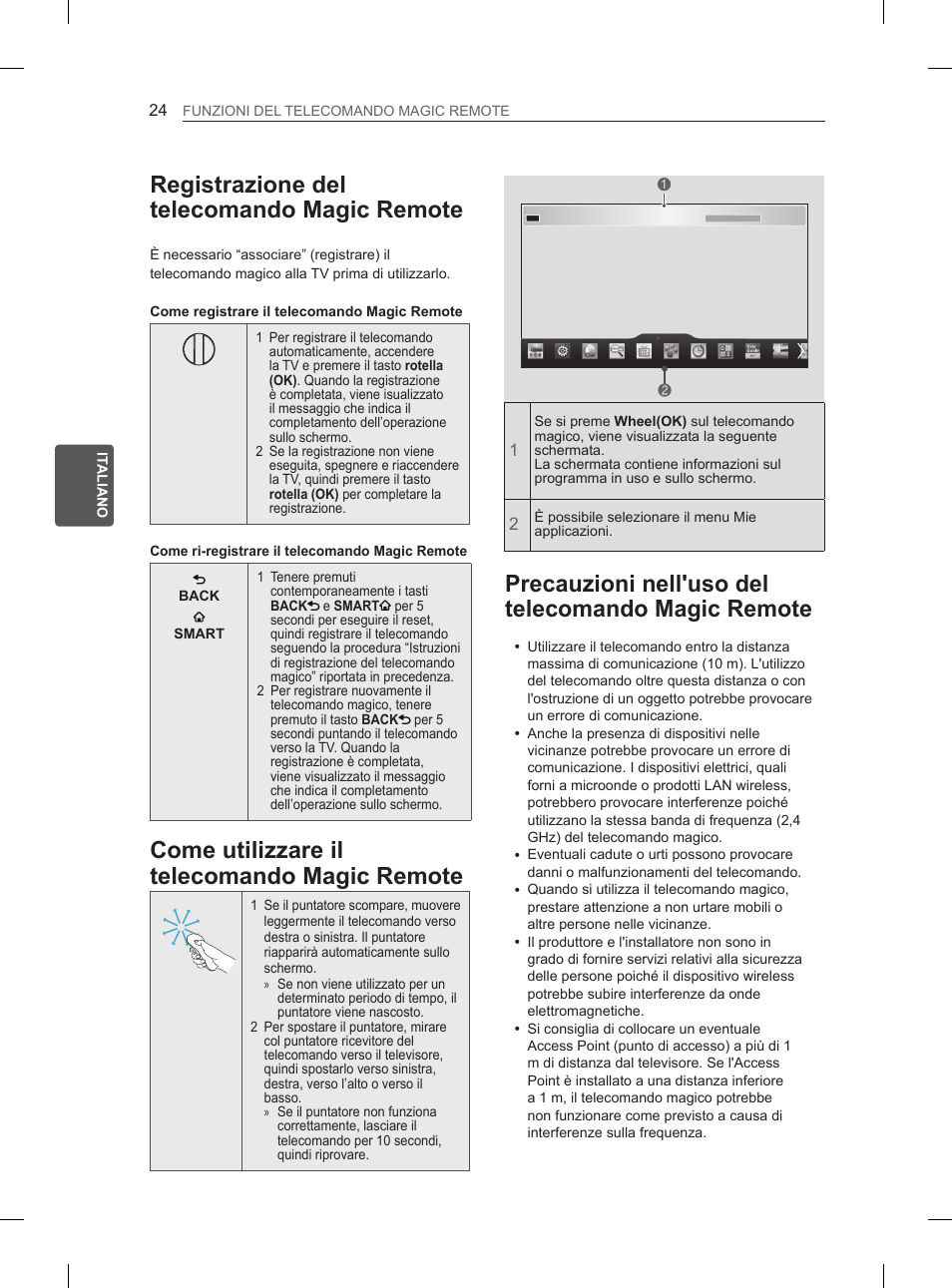 Registrazione del telecomando magic remote, Come utilizzare il telecomando magic remote, Precauzioni nell'uso del telecomando magic remote | LG 60PH660S User Manual | Page 137 / 279