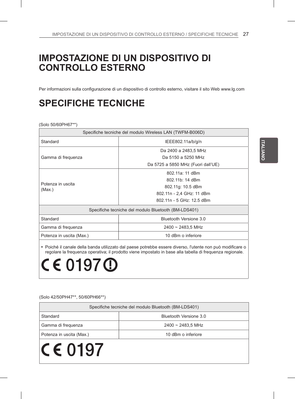 Specifiche tecniche | LG 60PH660S User Manual | Page 140 / 279