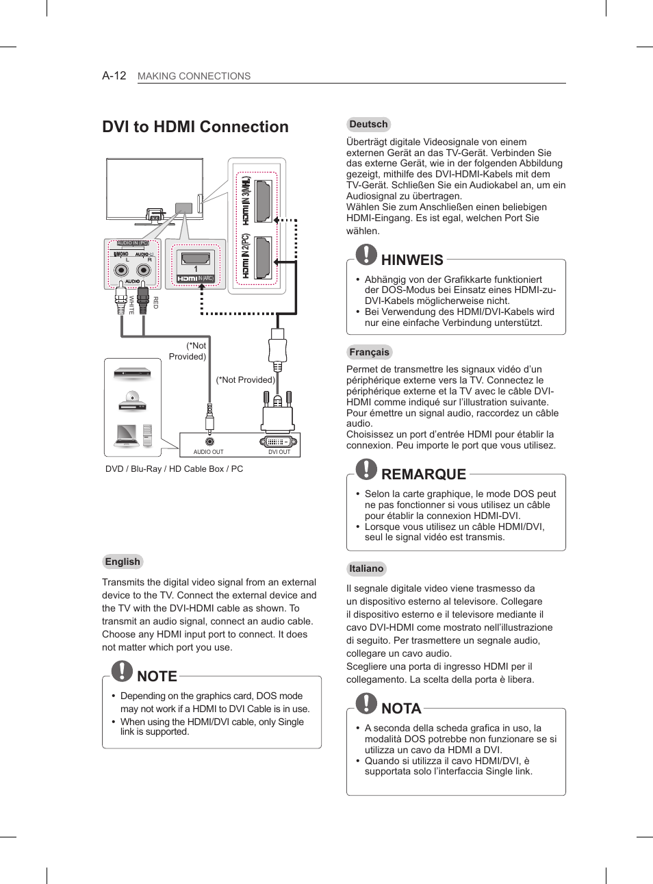 Dvi to hdmi connection, Hinweis, Remarque | Nota | LG 60PH660S User Manual | Page 15 / 279