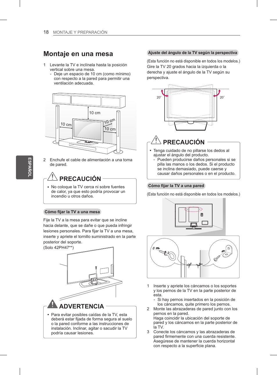 Montaje en una mesa, Precaución, Advertencia | LG 60PH660S User Manual | Page 159 / 279