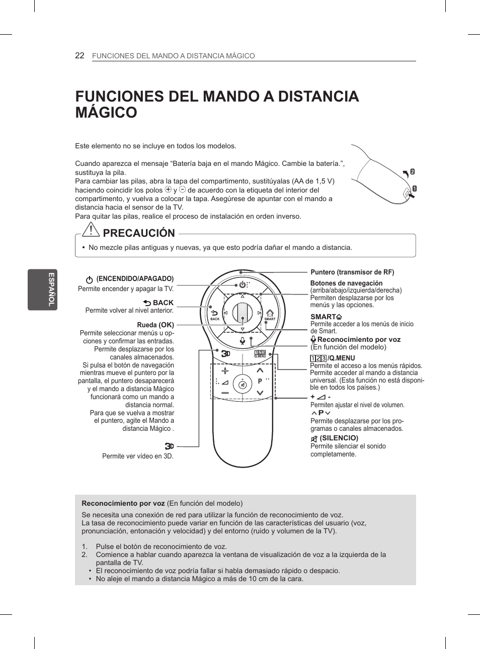 Funciones del mando a distancia mágico, Precaución | LG 60PH660S User Manual | Page 163 / 279
