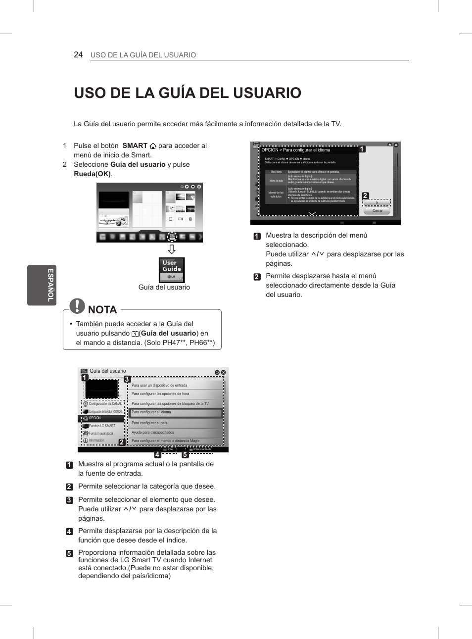 Uso de la guía del usuario, Nota | LG 60PH660S User Manual | Page 165 / 279