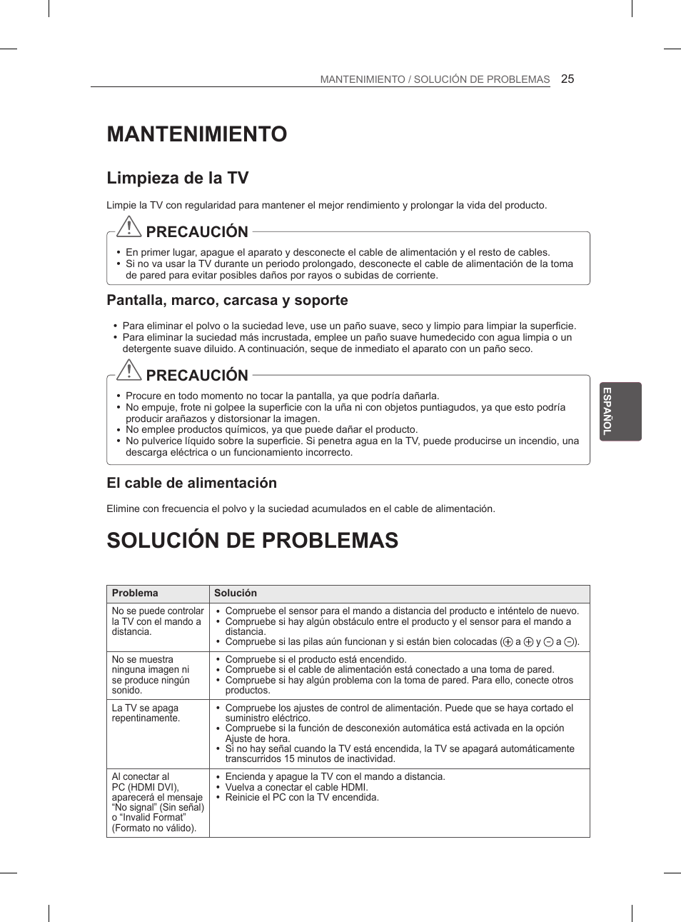Mantenimiento, Solución de problemas, Limpieza de la tv | Precaución, Pantalla, marco, carcasa y soporte, El cable de alimentación | LG 60PH660S User Manual | Page 166 / 279