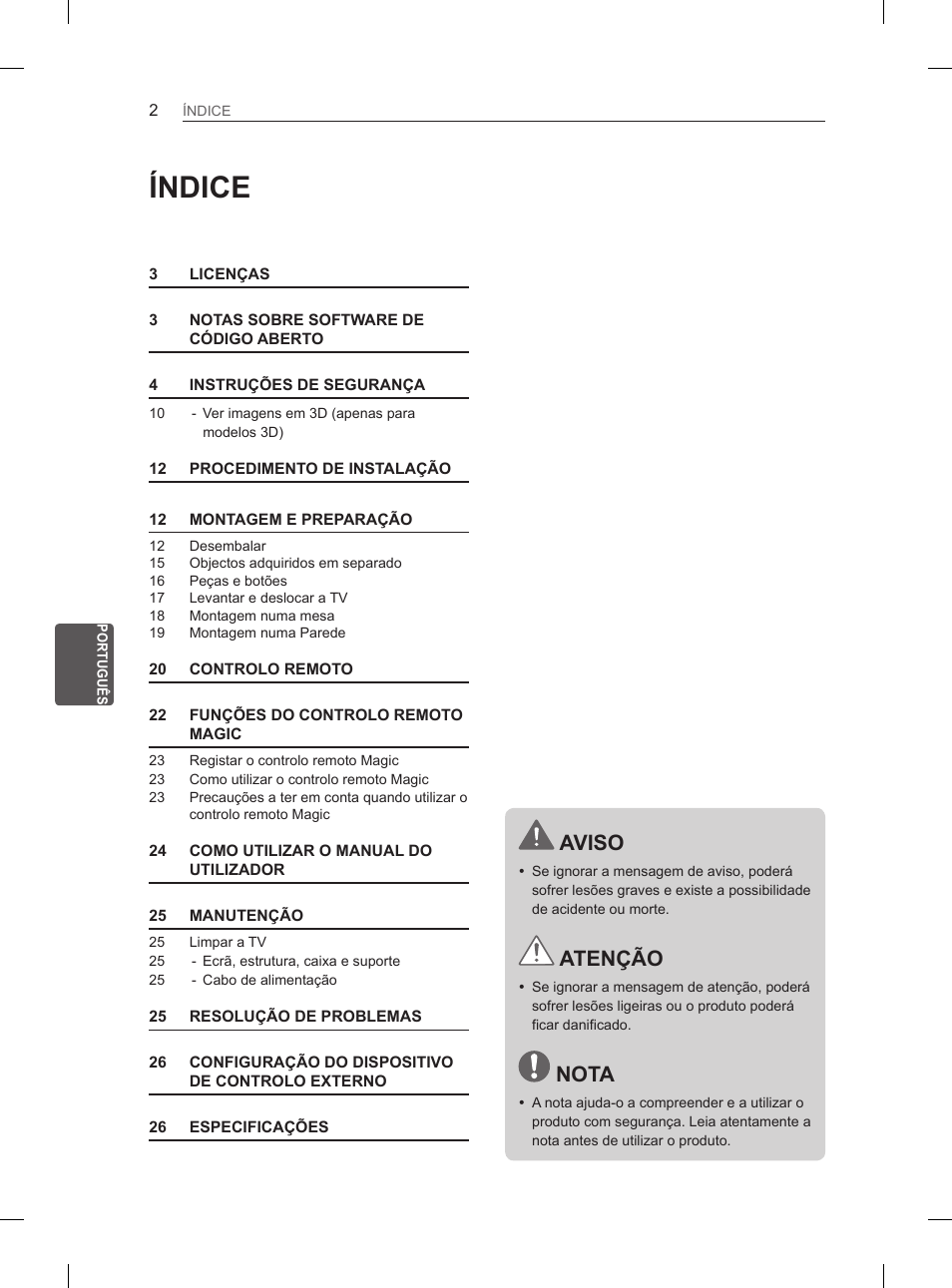 Índice, Aviso, Atenção | Nota | LG 60PH660S User Manual | Page 169 / 279