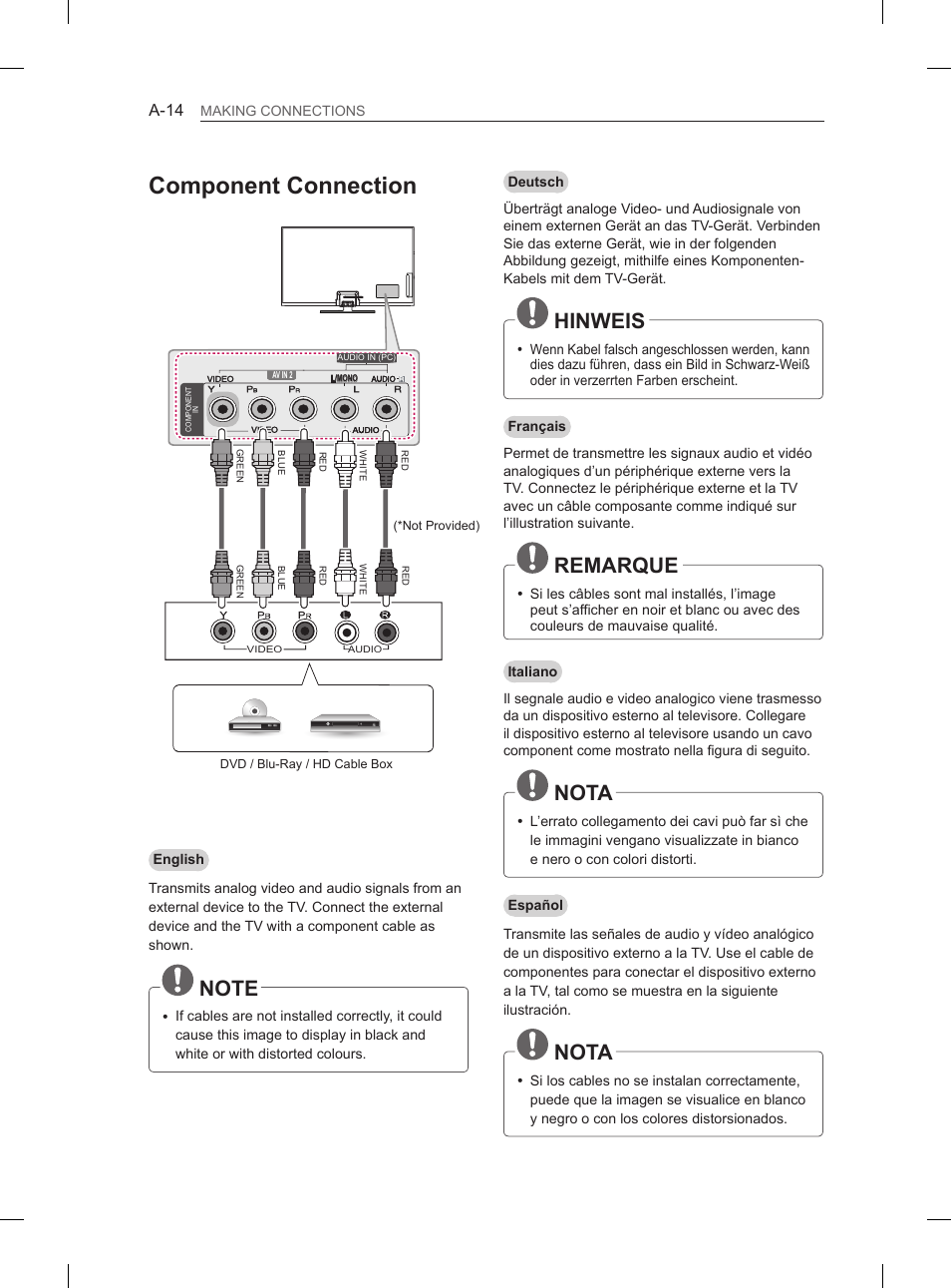 Component connection, Hinweis, Remarque | Nota | LG 60PH660S User Manual | Page 17 / 279