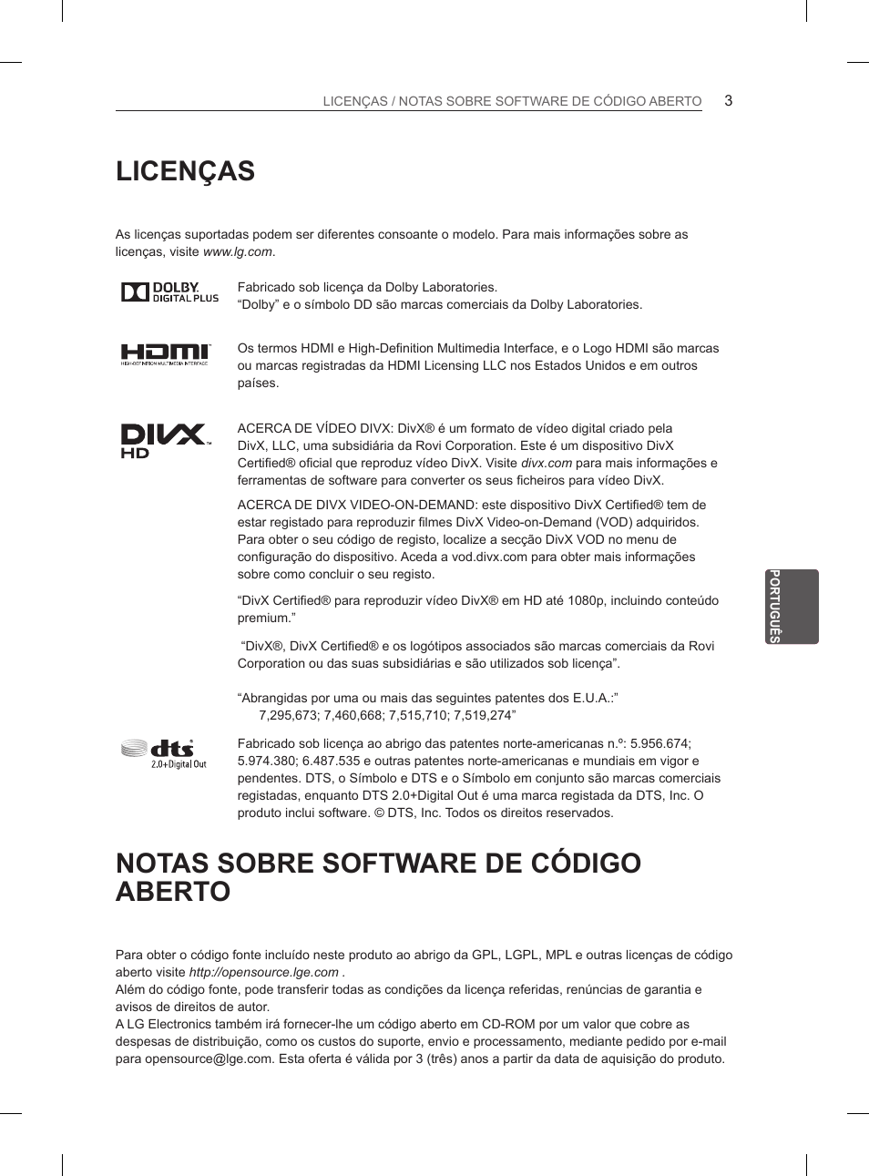 Licenças, Notas sobre software de código aberto | LG 60PH660S User Manual | Page 170 / 279