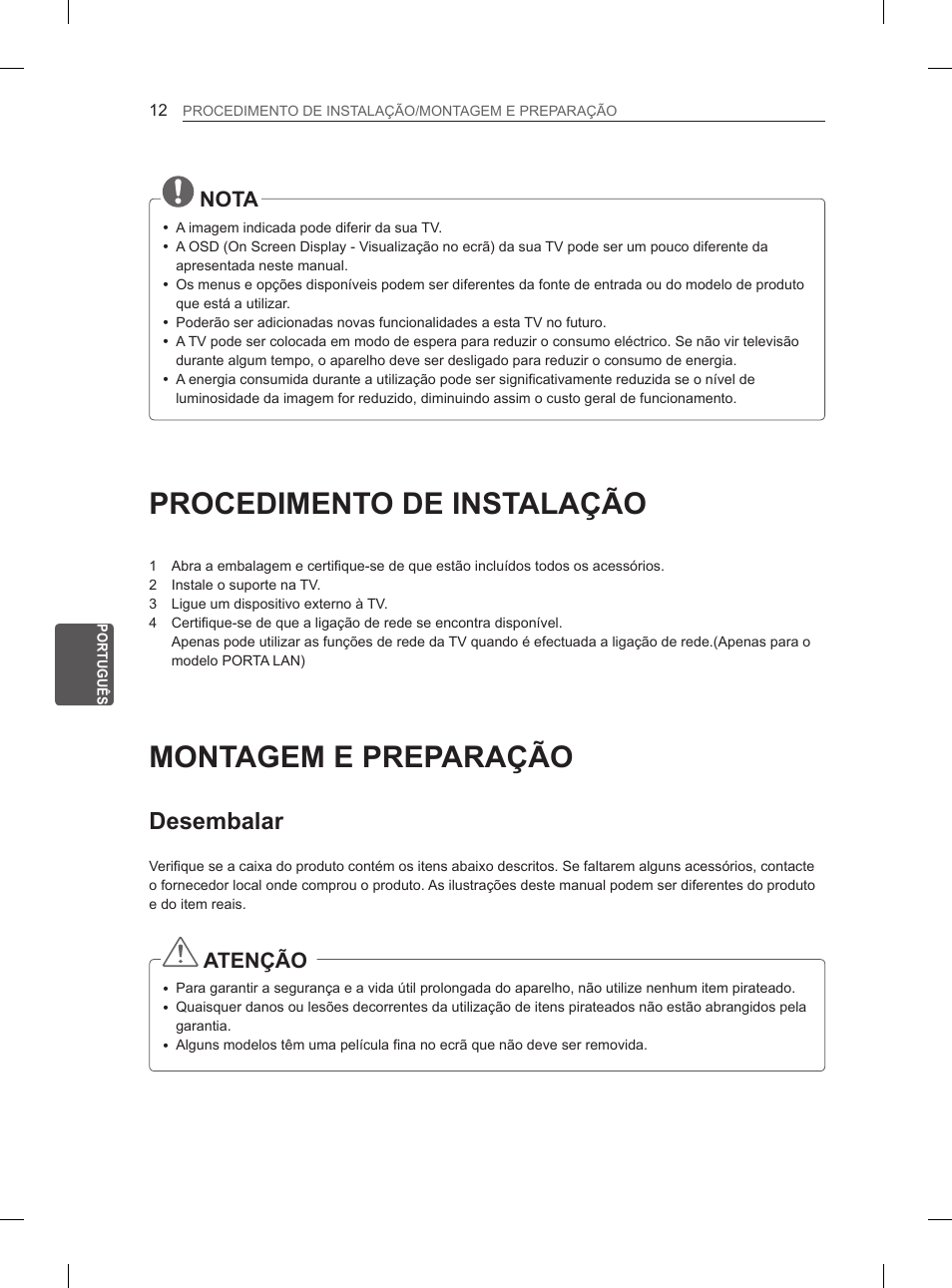 Procedimento de instalação, Montagem e preparação, Desembalar | Nota, Atenção | LG 60PH660S User Manual | Page 179 / 279