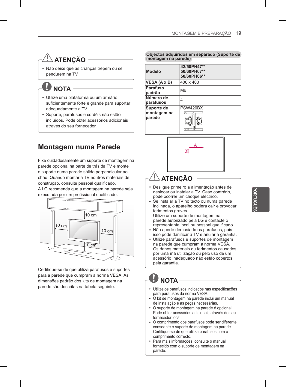 Montagem numa parede, Atenção, Nota | LG 60PH660S User Manual | Page 186 / 279