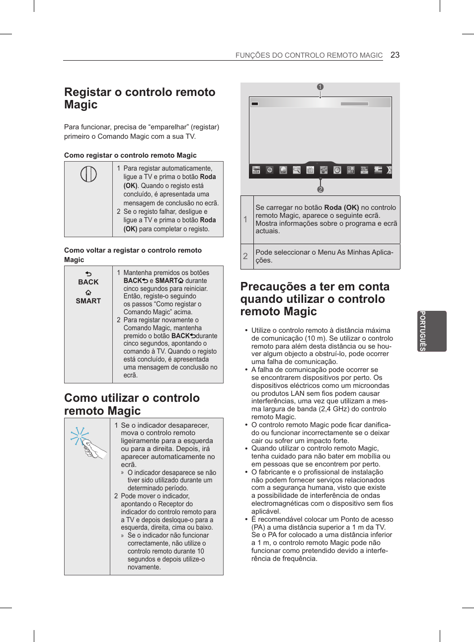 Registar o controlo remoto magic, Como utilizar o controlo remoto magic | LG 60PH660S User Manual | Page 190 / 279