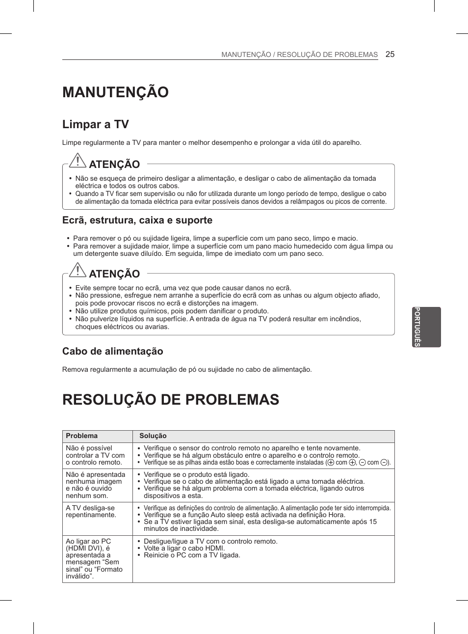 Manutenção, Resolução de problemas, Limpar a tv | Atenção, Ecrã, estrutura, caixa e suporte, Cabo de alimentação | LG 60PH660S User Manual | Page 192 / 279