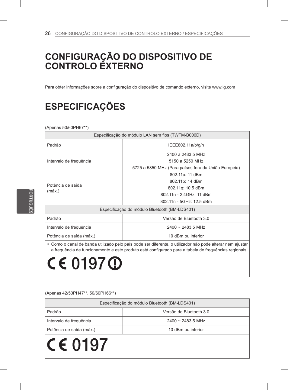 Configuração do dispositivo de controlo externo, Especificações | LG 60PH660S User Manual | Page 193 / 279