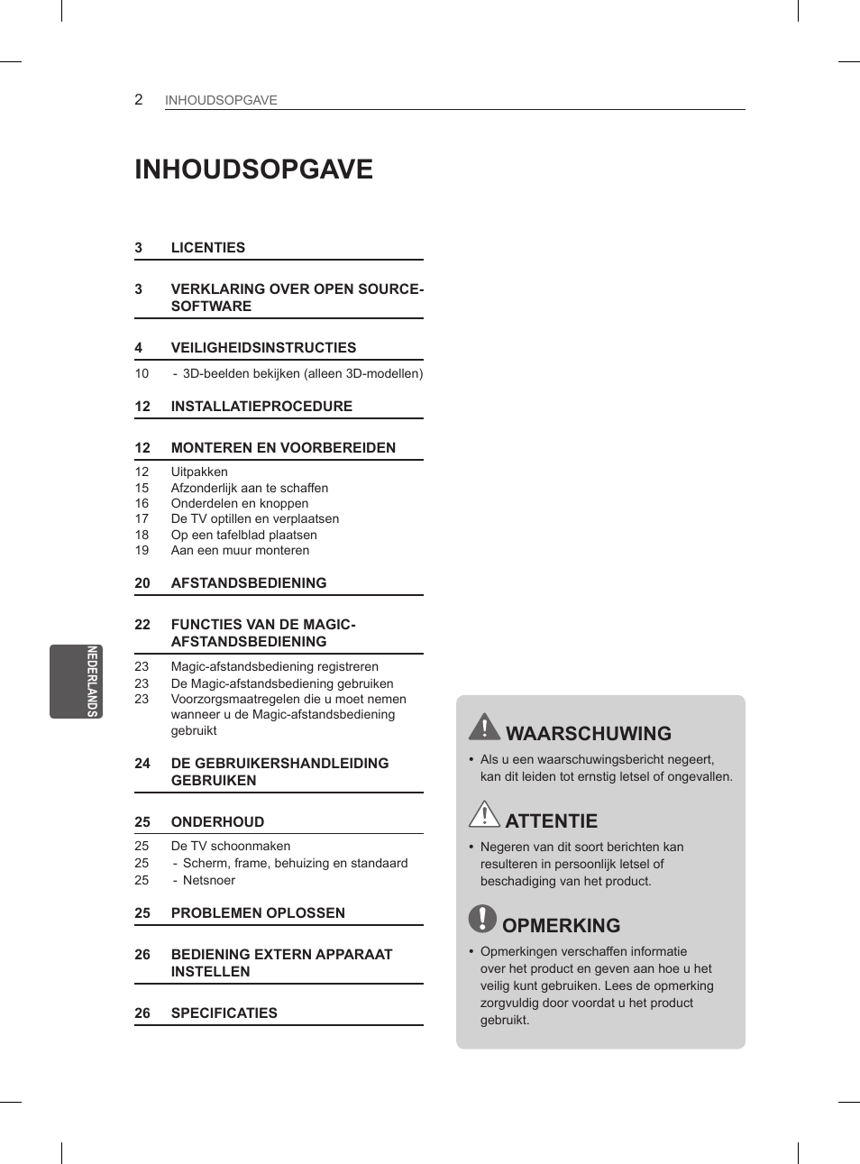 Inhoudsopgave, Waarschuwing, Attentie | Opmerking | LG 60PH660S User Manual | Page 195 / 279