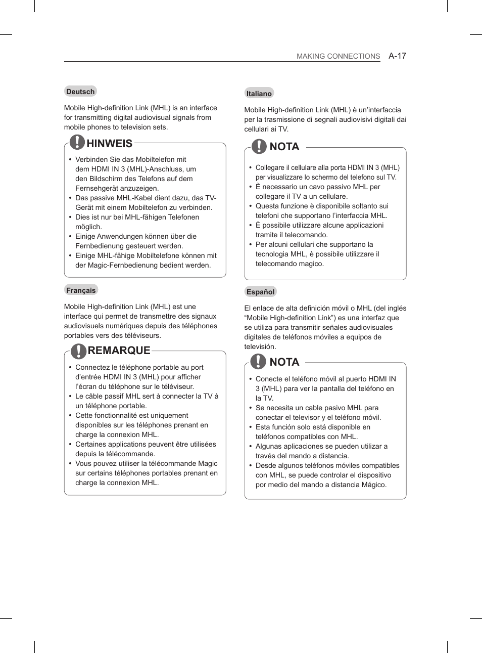 Hinweis, Nota, Nota remarque | LG 60PH660S User Manual | Page 20 / 279