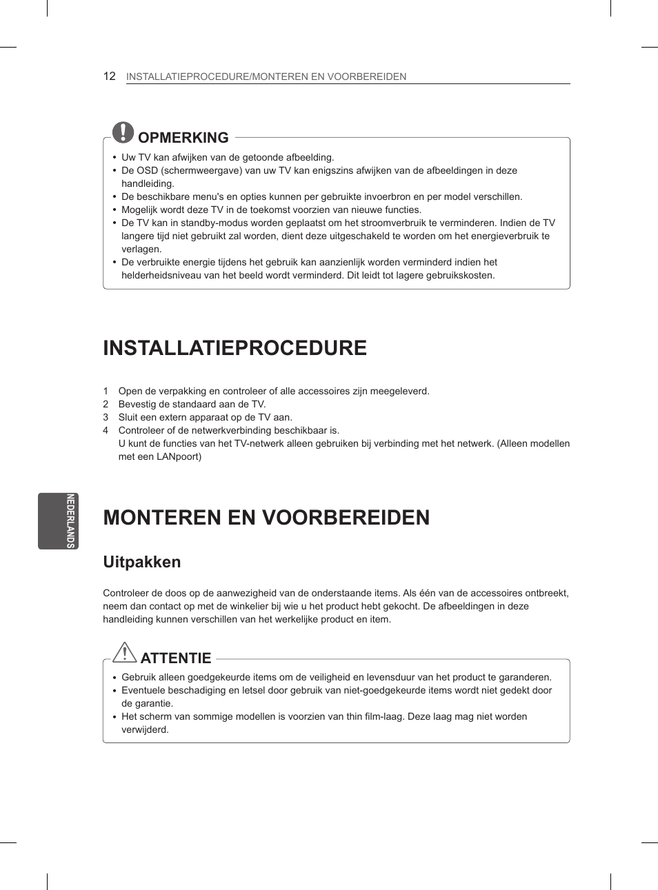 Installatieprocedure, Monteren en voorbereiden, Uitpakken | Opmerking, Attentie | LG 60PH660S User Manual | Page 205 / 279