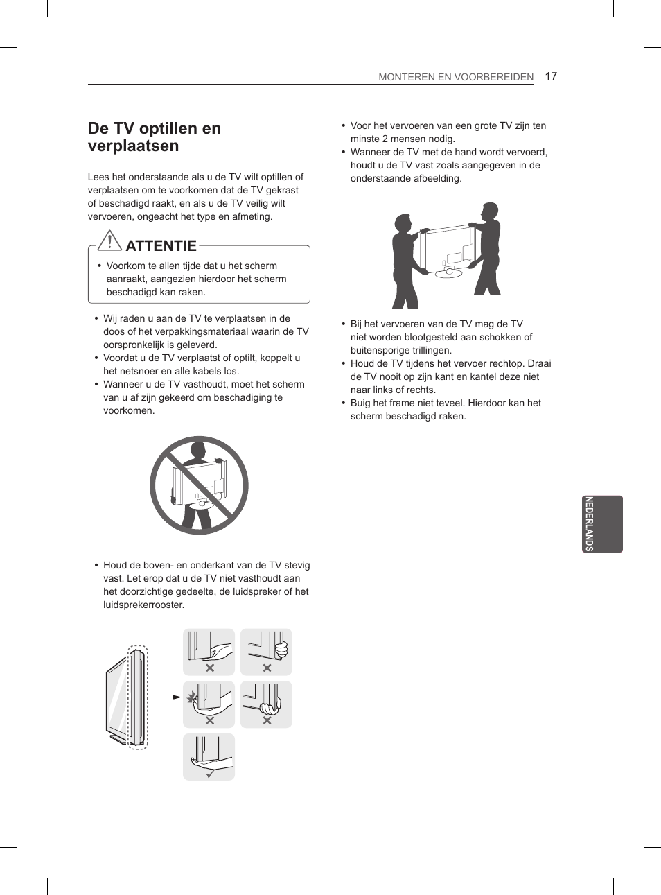 De tv optillen en verplaatsen, Attentie | LG 60PH660S User Manual | Page 210 / 279