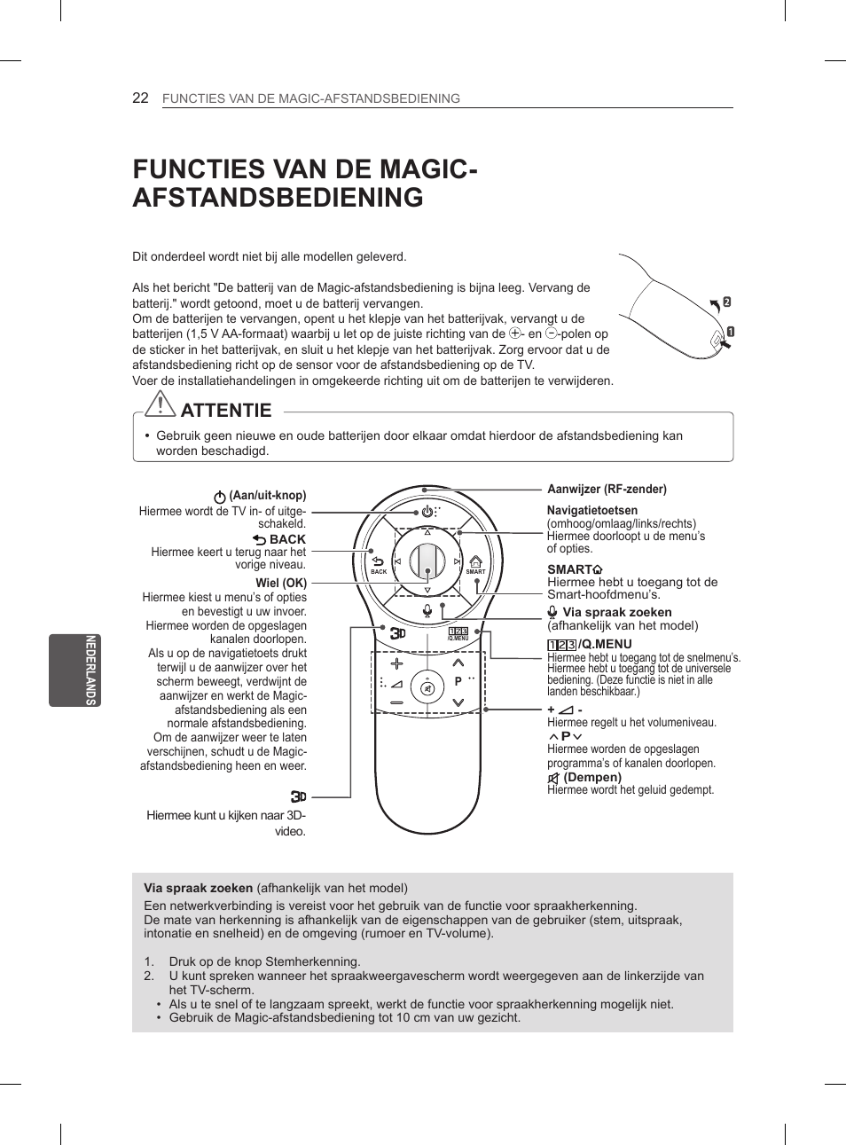 Functies van de magic- afstandsbediening, Attentie | LG 60PH660S User Manual | Page 215 / 279