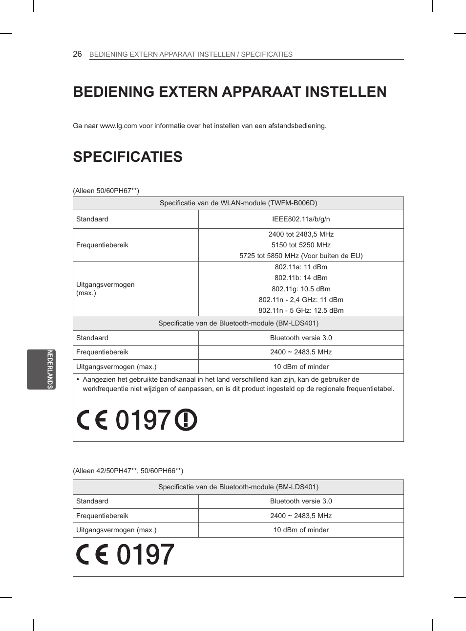 Bediening extern apparaat instellen, Specificaties | LG 60PH660S User Manual | Page 219 / 279
