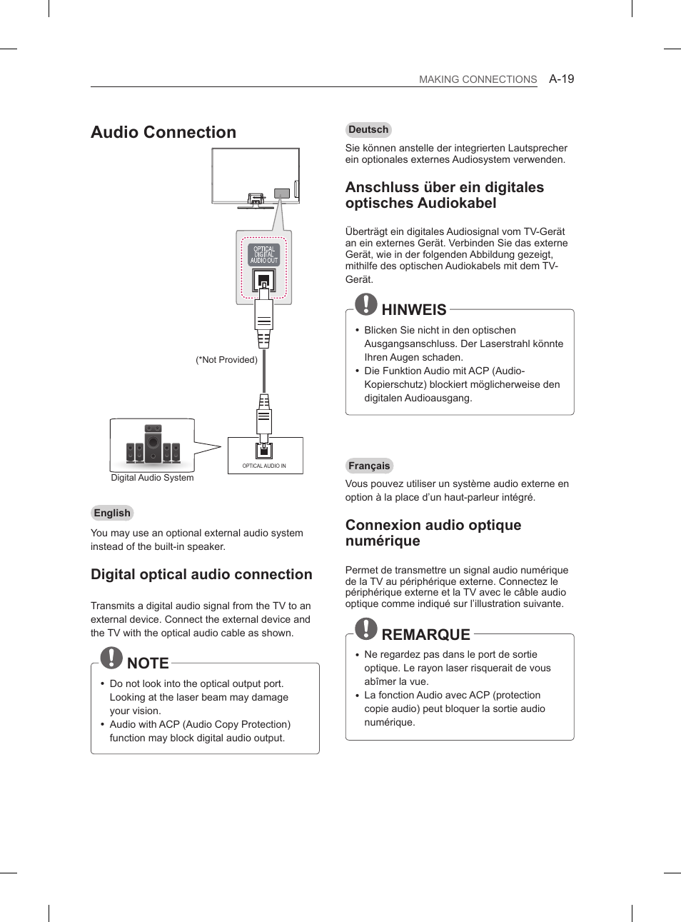 Audio connection, Hinweis, Remarque | Digital optical audio connection, Anschluss über ein digitales optisches audiokabel, Connexion audio optique numérique | LG 60PH660S User Manual | Page 22 / 279