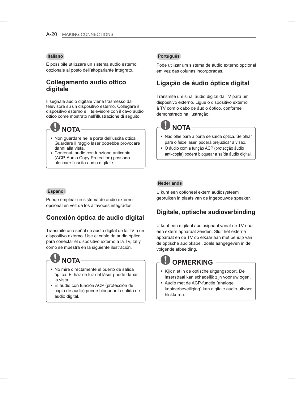 Nota, Opmerking, Collegamento audio ottico digitale | Conexión óptica de audio digital, Ligação de áudio óptica digital, Digitale, optische audioverbinding | LG 60PH660S User Manual | Page 23 / 279