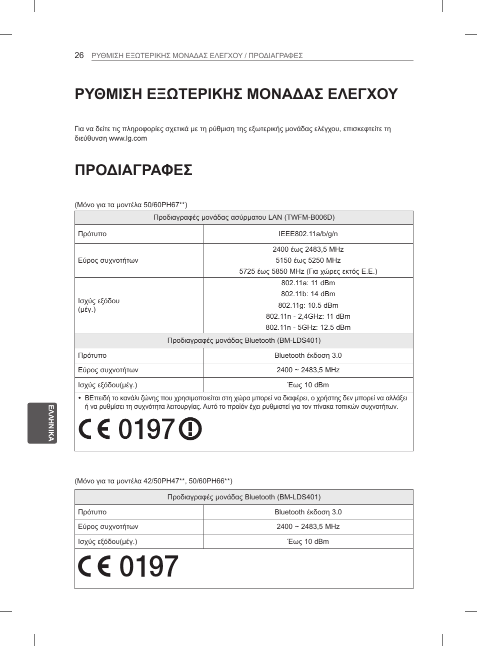 Using the user guide, Ρυθμιση εξωτερικησ μοναδασ ελεγχου, Προδιαγραφεσ | LG 60PH660S User Manual | Page 245 / 279