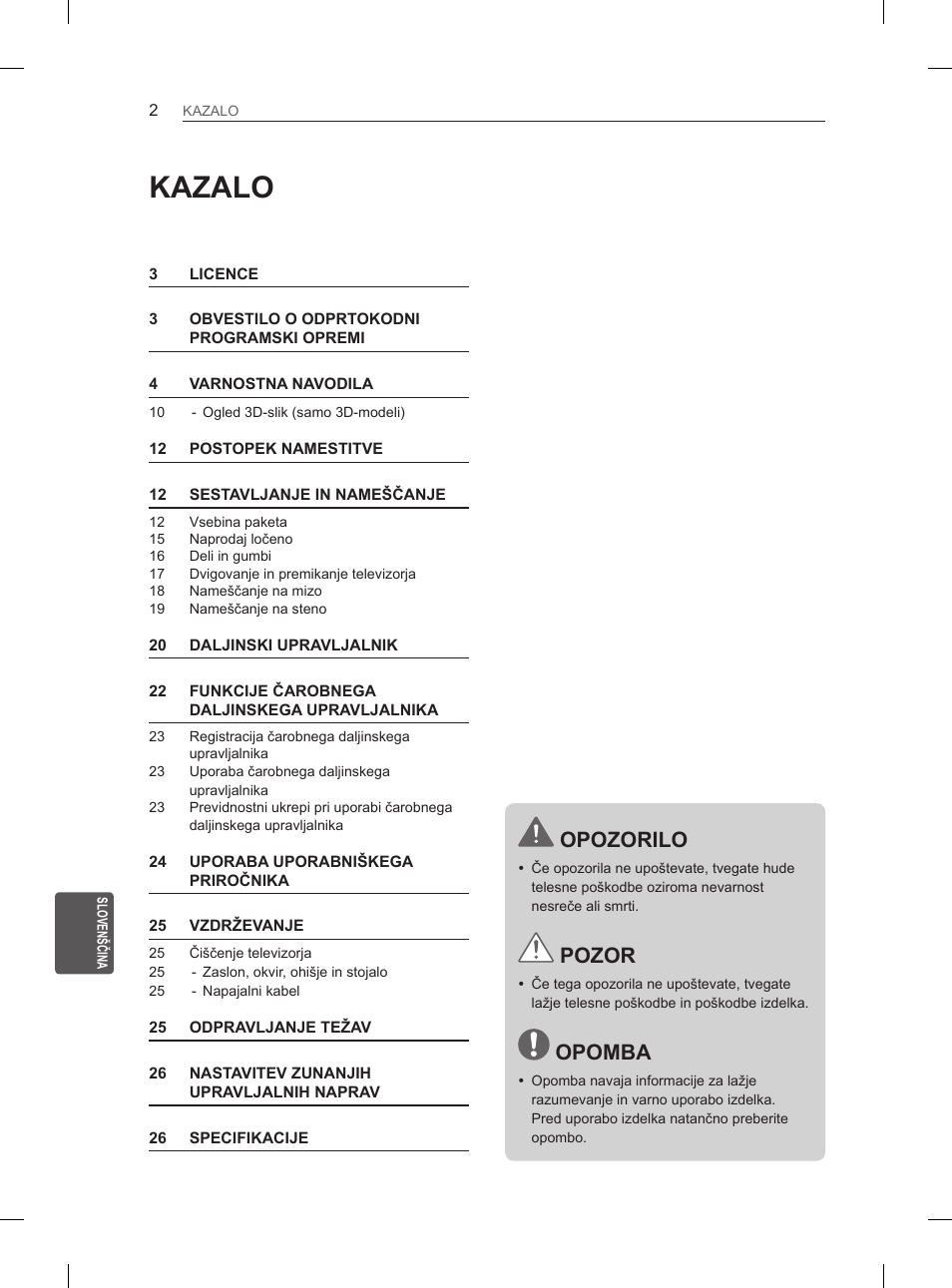 Kazalo, Opozorilo, Pozor | Opomba | LG 60PH660S User Manual | Page 247 / 279