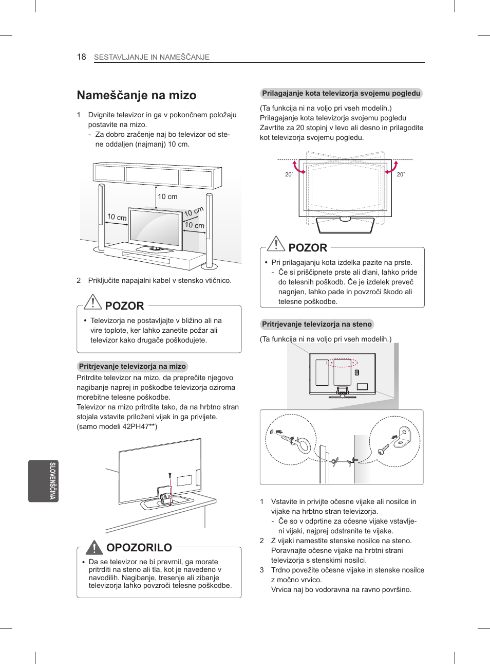 Nameščanje na mizo, Pozor, Opozorilo | LG 60PH660S User Manual | Page 263 / 279