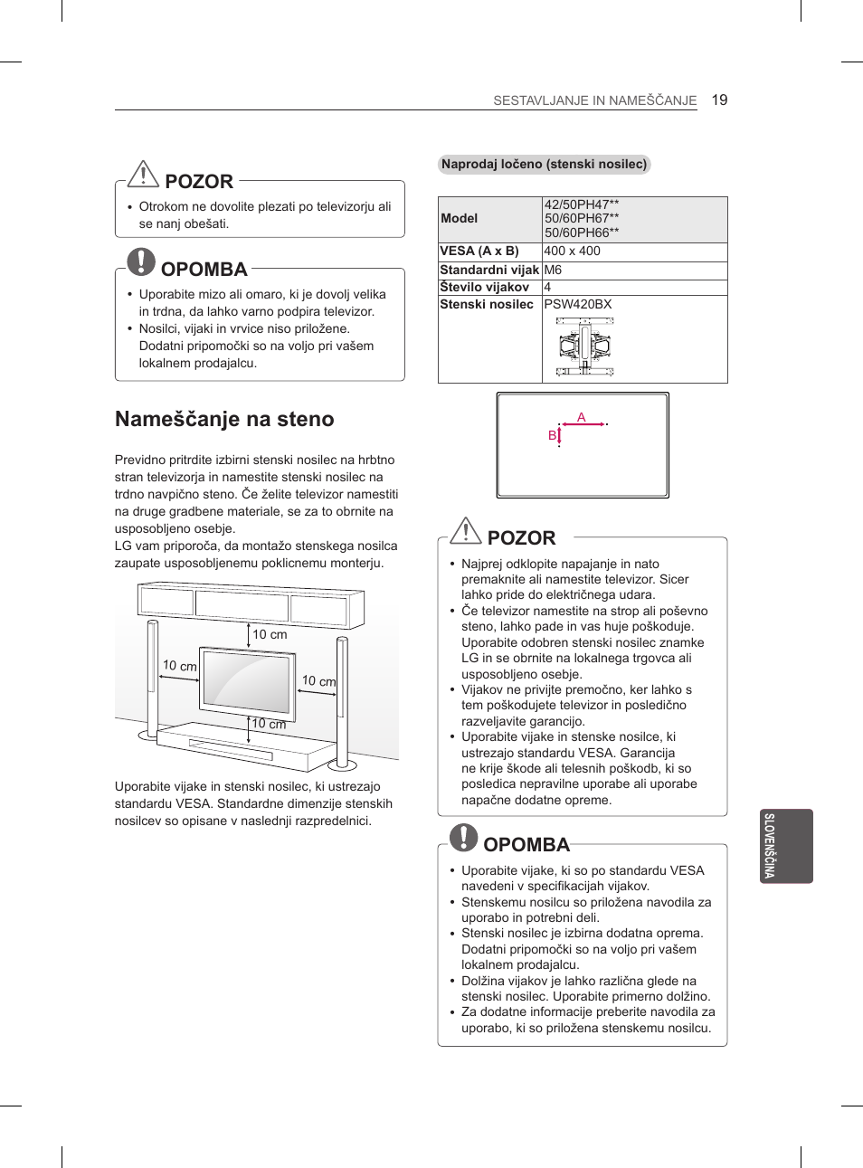 Nameščanje na steno, Pozor, Opomba | LG 60PH660S User Manual | Page 264 / 279