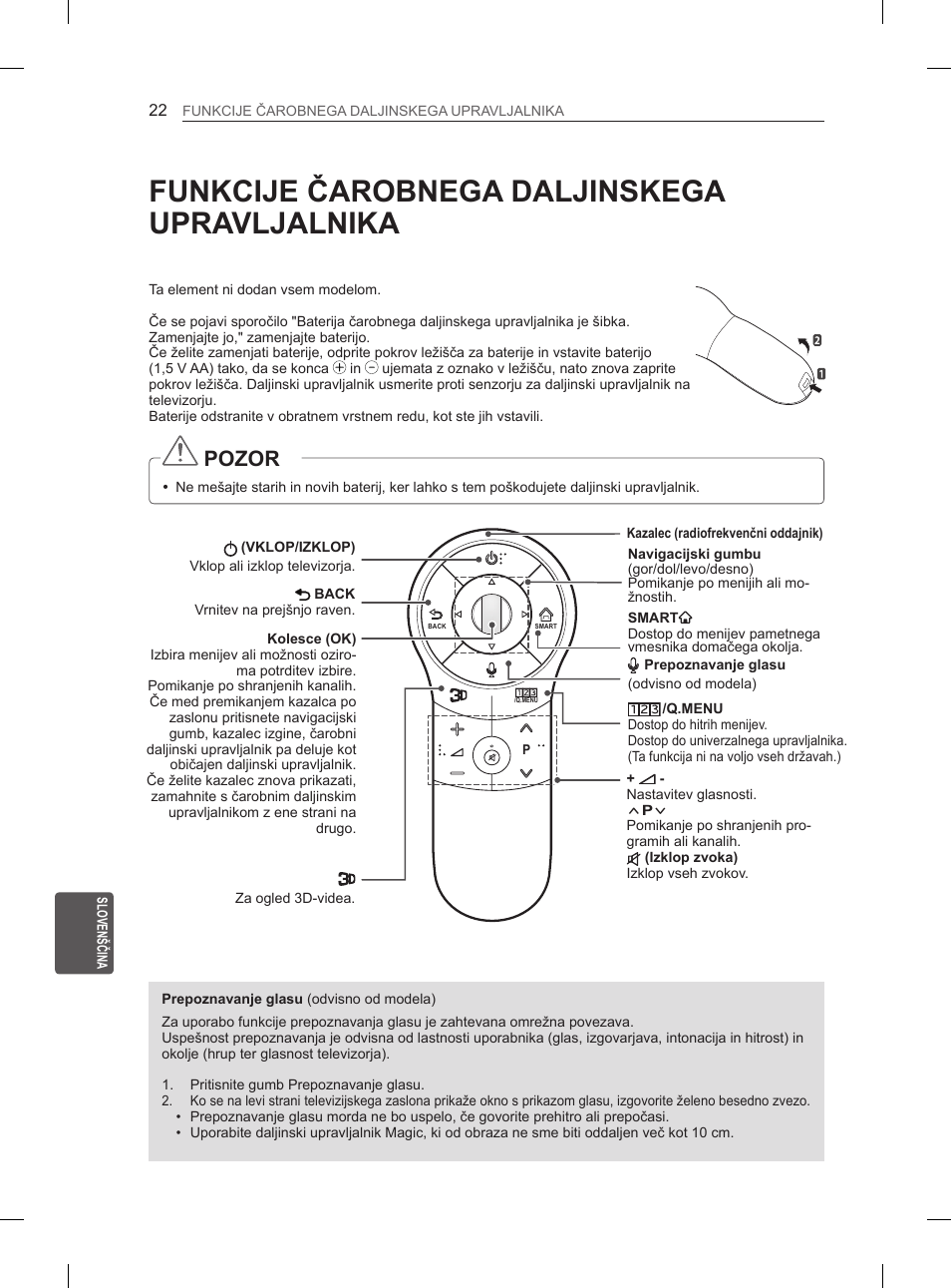 Funkcije čarobnega daljinskega upravljalnika, Pozor | LG 60PH660S User Manual | Page 267 / 279