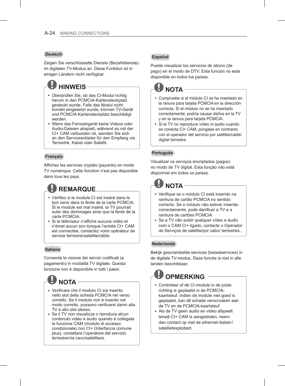 Hinweis, Remarque, Nota | Opmerking | LG 60PH660S User Manual | Page 27 / 279
