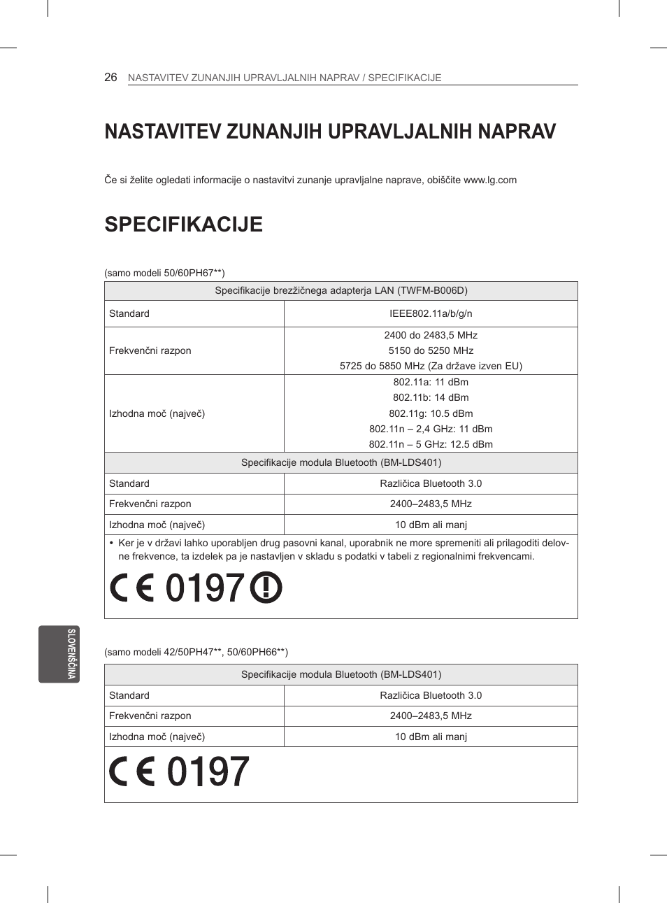 Nastavitev zunanjih upravljalnih naprav, Specifikacije | LG 60PH660S User Manual | Page 271 / 279