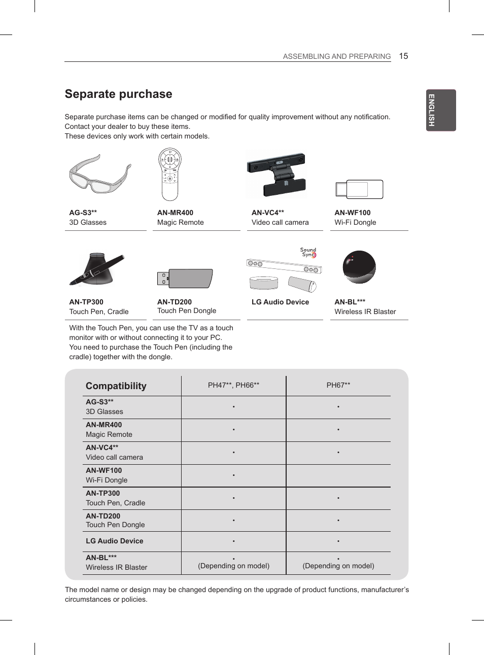 Separate purchase, Compatibility | LG 60PH660S User Manual | Page 50 / 279