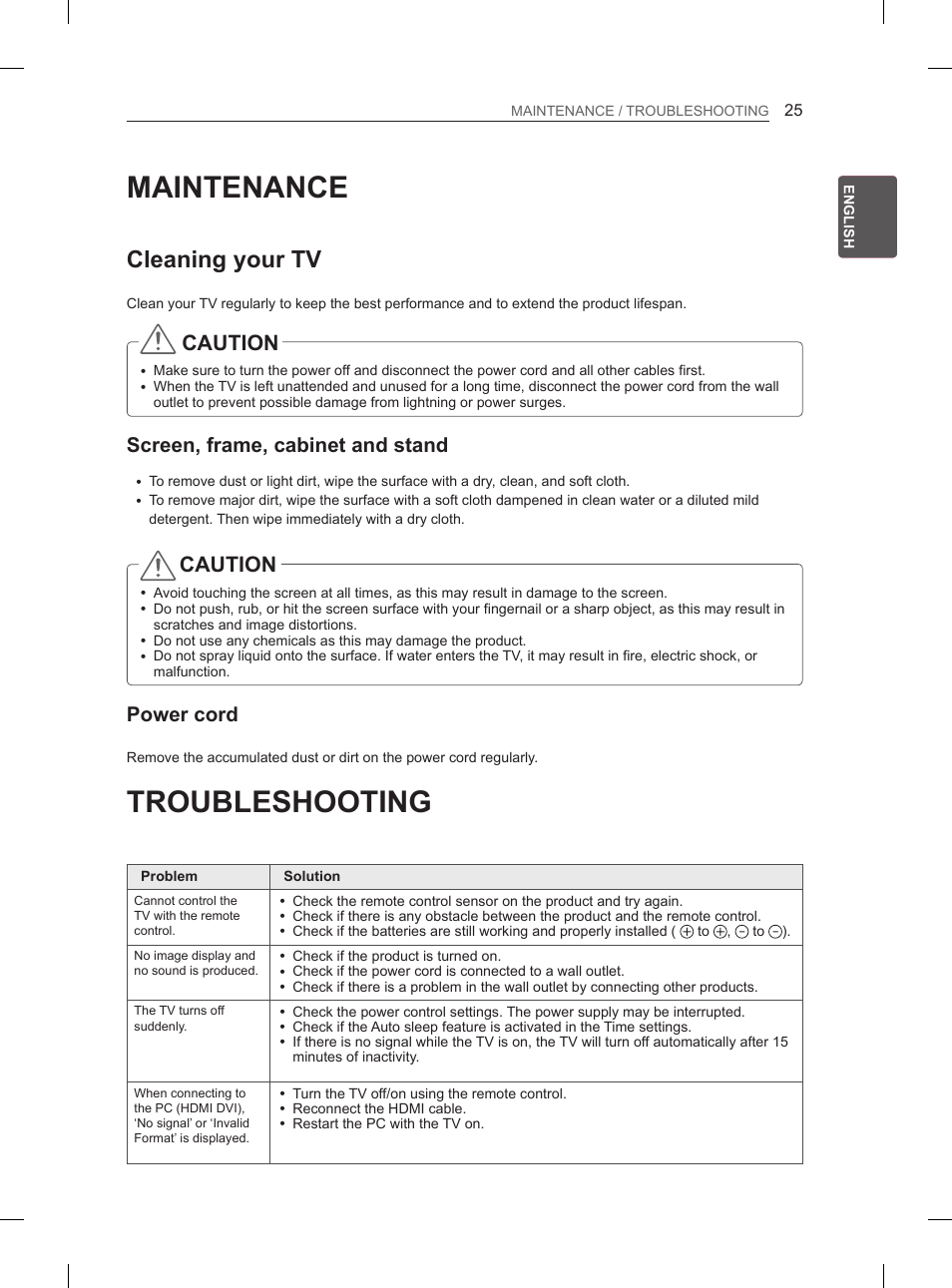 Maintenance, Troubleshooting, Cleaning your tv | Caution, Screen, frame, cabinet and stand, Power cord | LG 60PH660S User Manual | Page 60 / 279