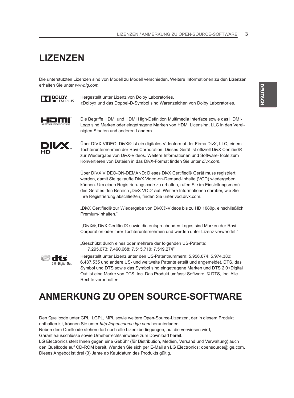 Lizenzen, Anmerkung zu open source-software | LG 60PH660S User Manual | Page 64 / 279