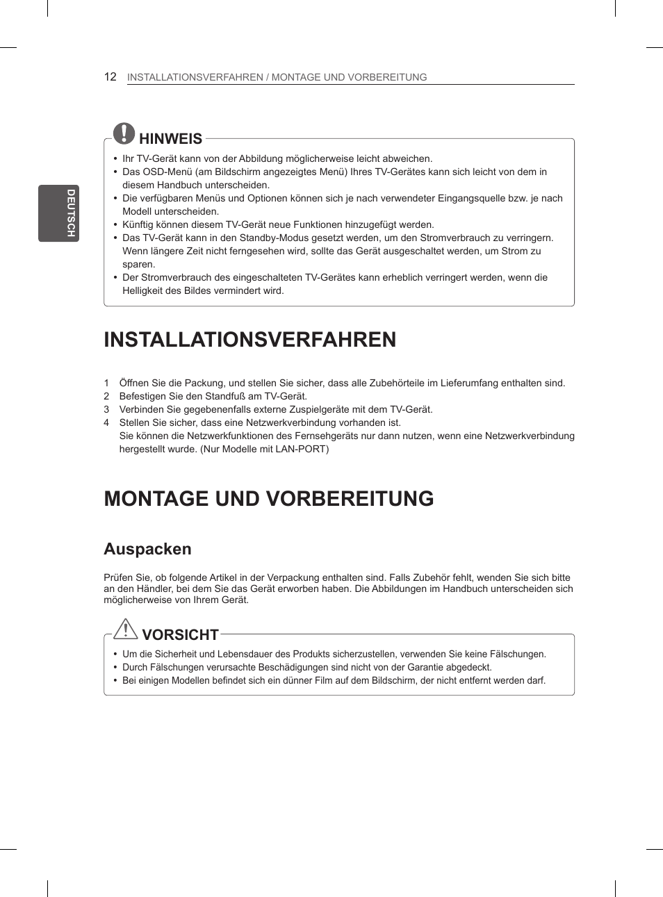 Installationsverfahren, Montage und vorbereitung, Auspacken | Hinweis, Vorsicht | LG 60PH660S User Manual | Page 73 / 279