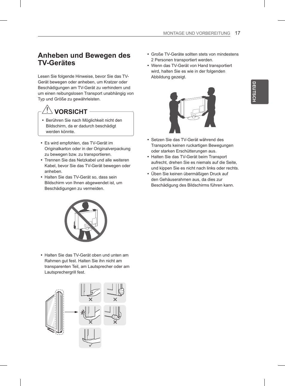 Anheben und bewegen des tv-gerätes, Vorsicht | LG 60PH660S User Manual | Page 78 / 279